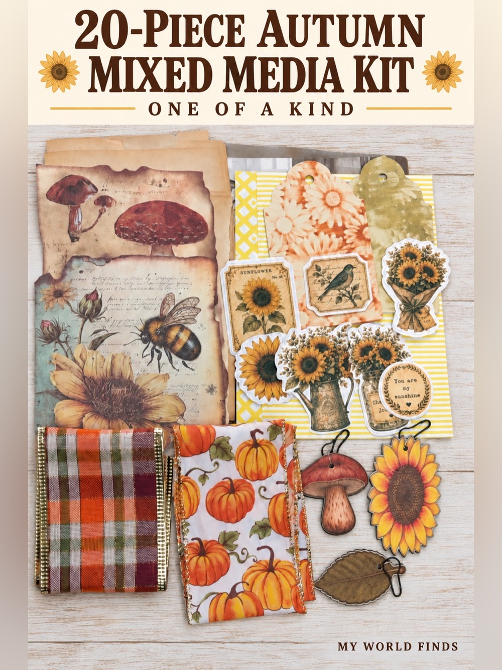 20pc Autumn Sunflower Mixed Media Kit Paper Stickers Tags Wood Charms Ribbon